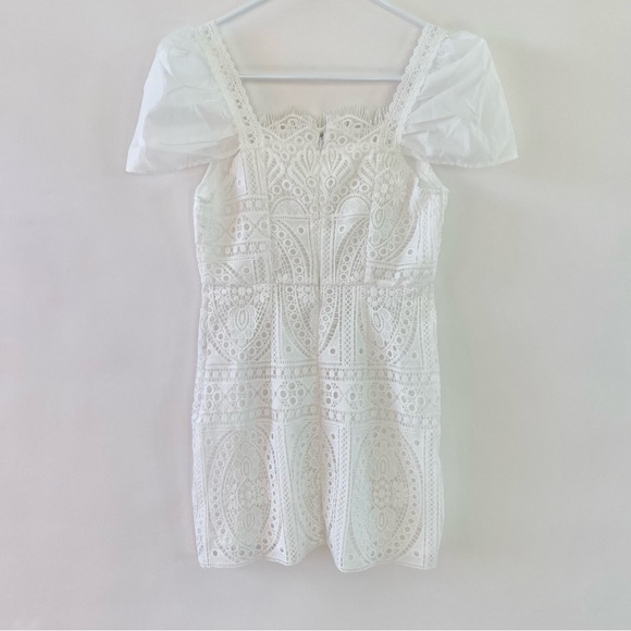 Dreamy White Lace Square Neck Puff Sleeve High Waist Bodycon Mini Dress Petite 2 - Picture 4 of 12